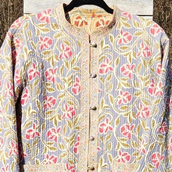 Reversible Block Print Quilted Jacket Floral Kantha Style Coat Boho Cottagecore - Picture 2 of 10